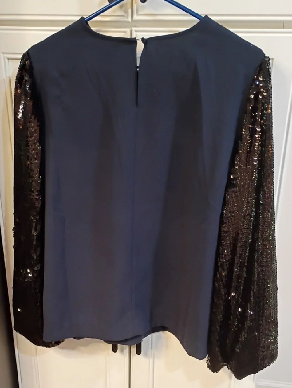 J. Crew Women's Navy Top with Black Sequin Sleeves